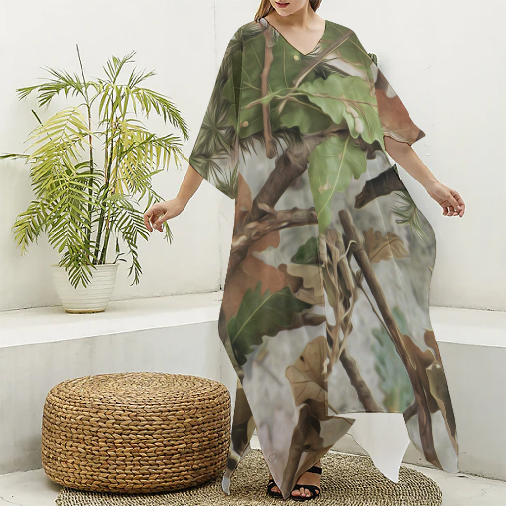 Hunting Camouflage Pattern Print Silk V-Neck Kaftan Dress