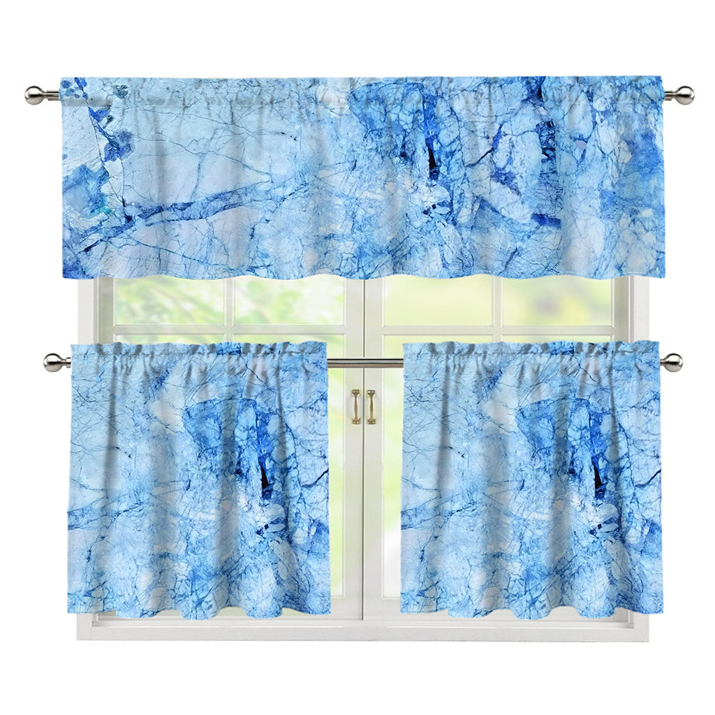 Ice Blue Marble Print 3 Piece Kitchen Curtains