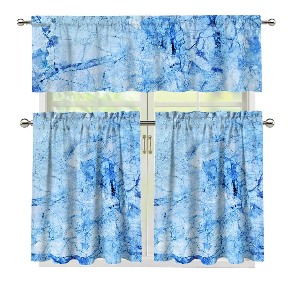 Ice Blue Marble Print 3 Piece Kitchen Curtains