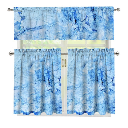 Ice Blue Marble Print 3 Piece Kitchen Curtains