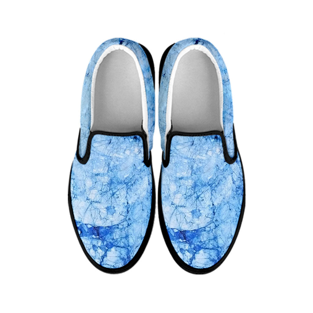 Ice Blue Marble Print Black Slip On Sneakers
