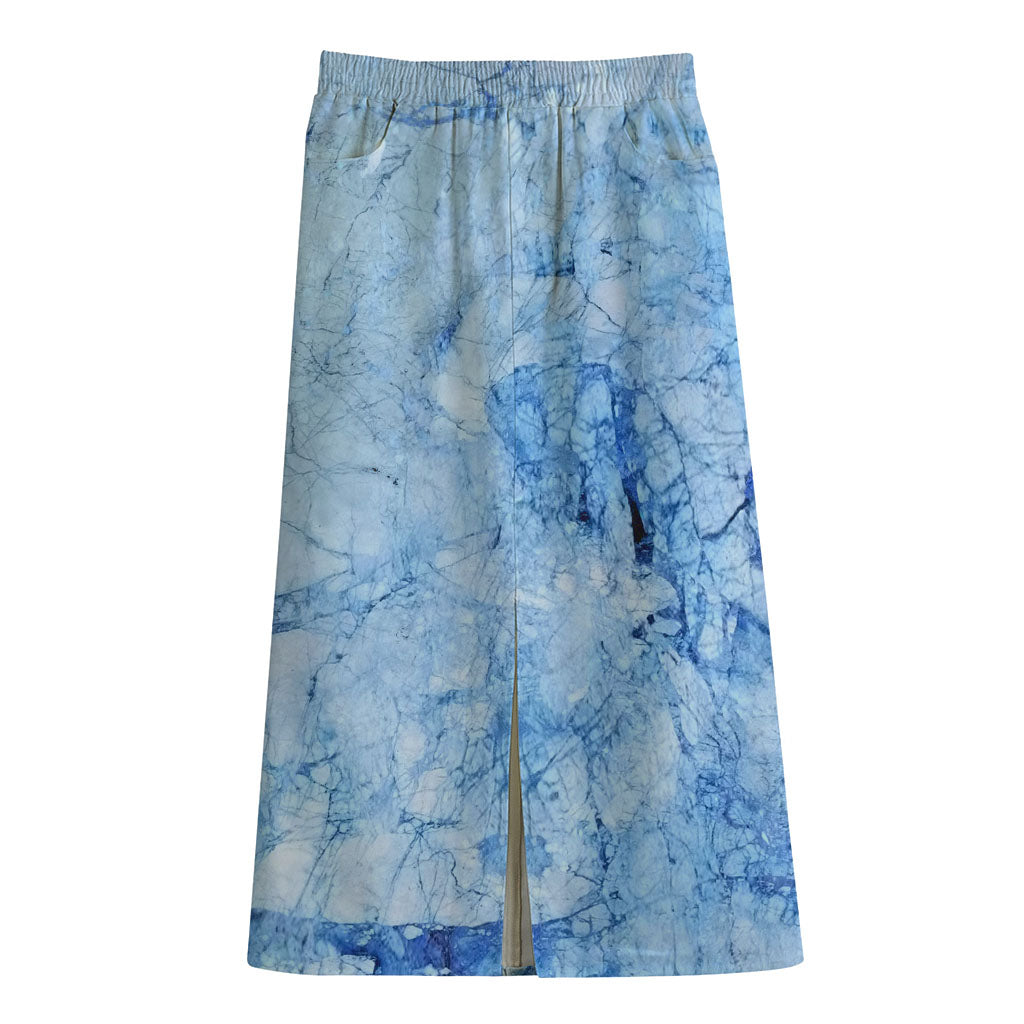 Ice Blue Marble Print Cotton Front Slit Maxi Skirt