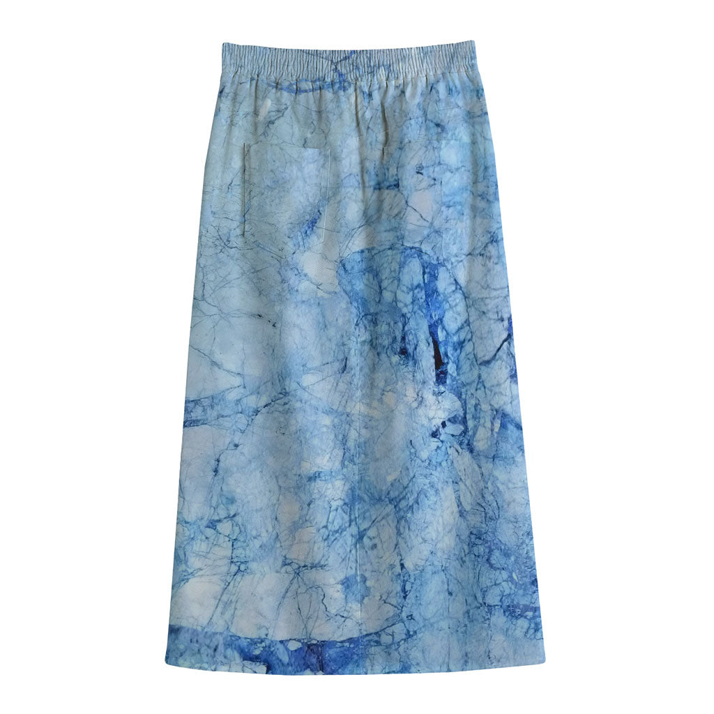 Ice Blue Marble Print Cotton Front Slit Maxi Skirt