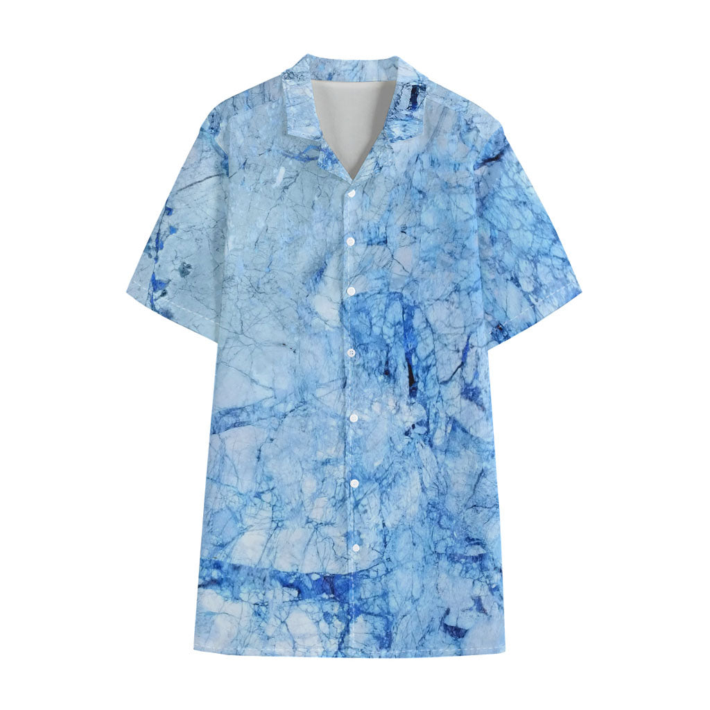 Ice Blue Marble Print Cotton Hawaiian Shirt