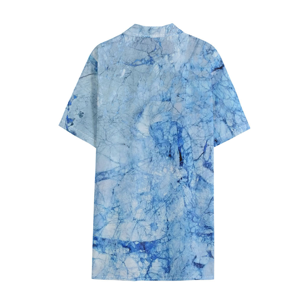 Ice Blue Marble Print Cotton Hawaiian Shirt