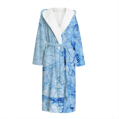 Ice Blue Marble Print Hooded Bathrobe