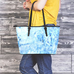 Ice Blue Marble Print Leather Tote Bag