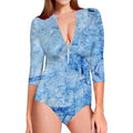 Ice Blue Marble Print Long Sleeve Swimsuit