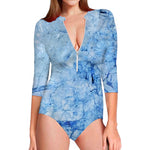 Ice Blue Marble Print Long Sleeve Swimsuit