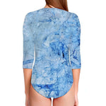 Ice Blue Marble Print Long Sleeve Swimsuit