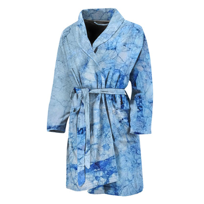 Ice Blue Marble Print Men's Bathrobe