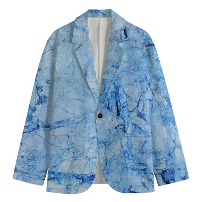Ice Blue Marble Print Men's Cotton Blazer