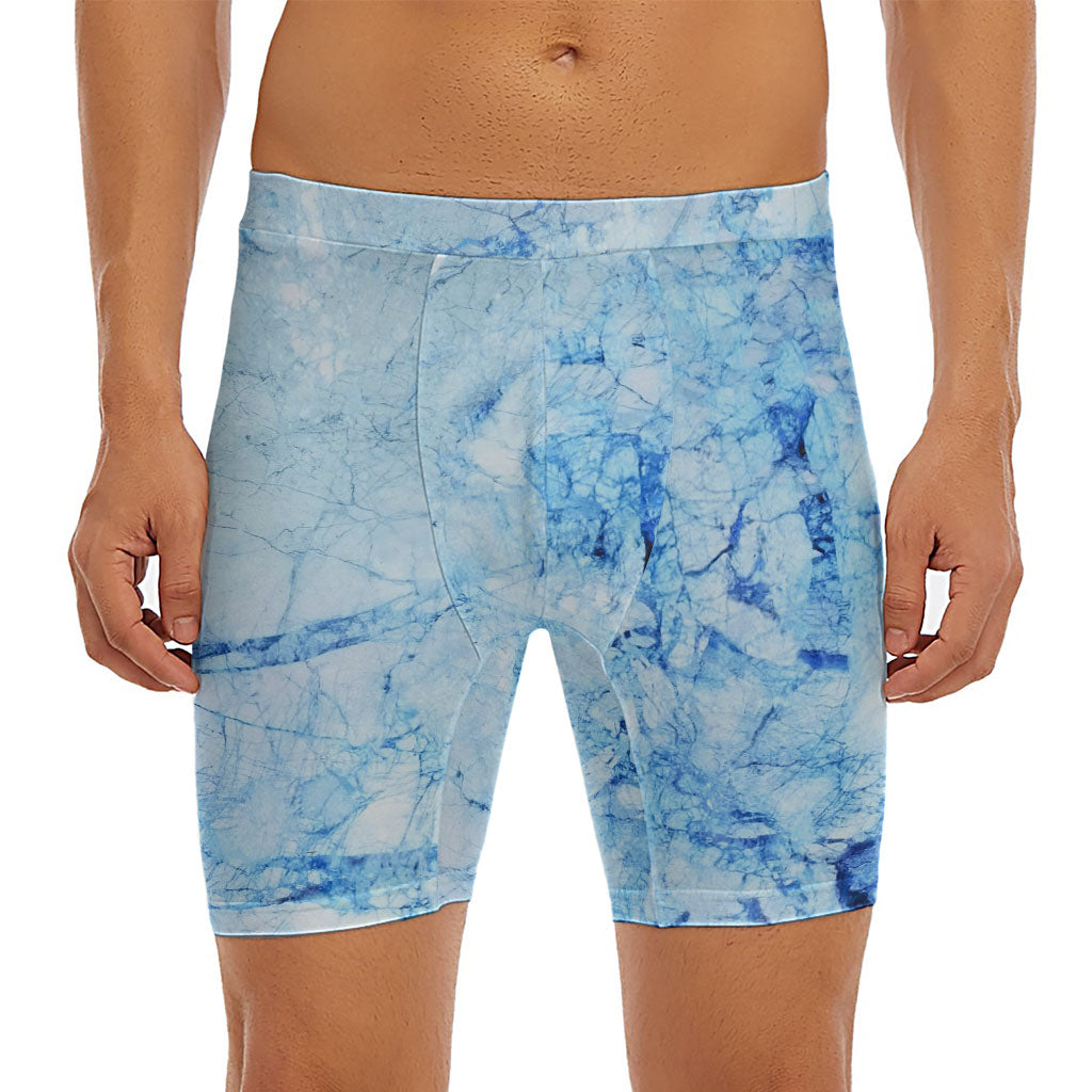 Ice Blue Marble Print Men's Long Boxer Briefs
