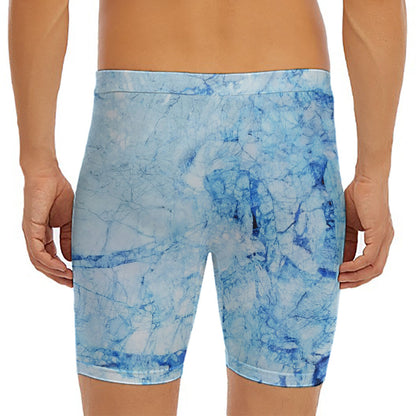 Ice Blue Marble Print Men's Long Boxer Briefs