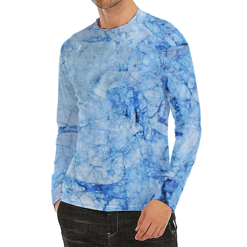 Ice Blue Marble Print Men's Long Sleeve Rash Guard