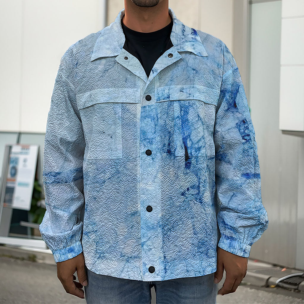 Ice Blue Marble Print Men's Shirt Jacket