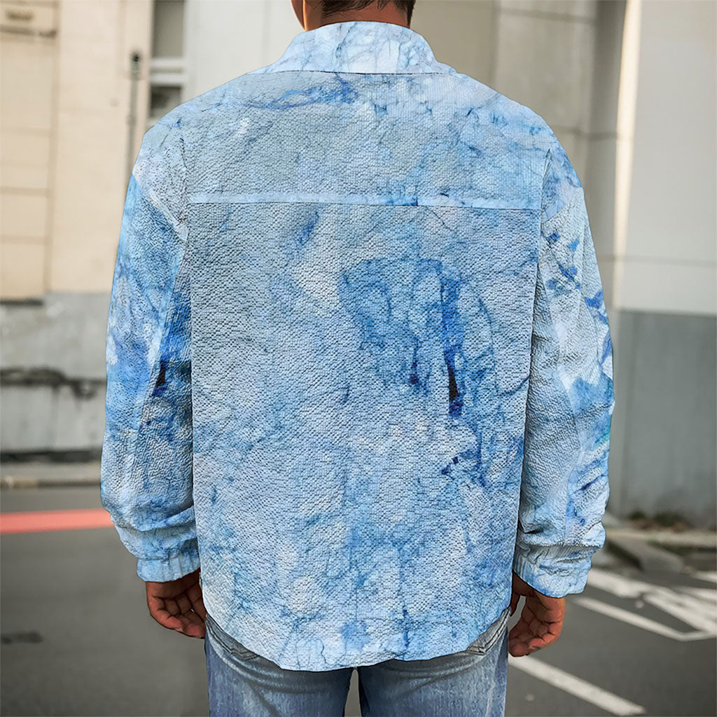 Ice Blue Marble Print Men's Shirt Jacket