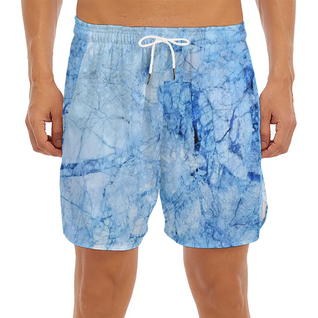 Ice Blue Marble Print Men's Split Running Shorts