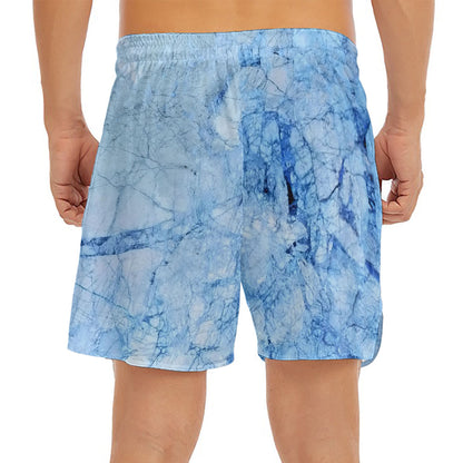 Ice Blue Marble Print Men's Split Running Shorts