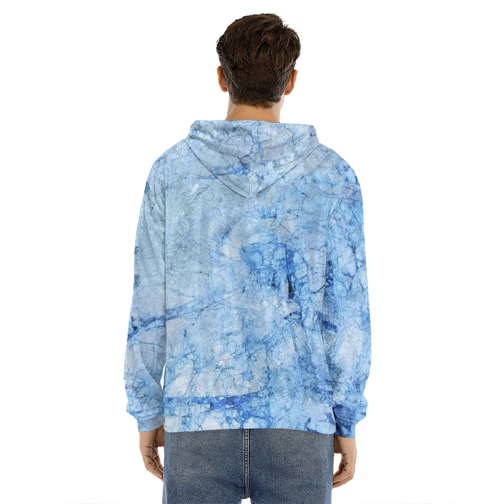 Ice Blue Marble Print Men's Velvet Pullover Hoodie