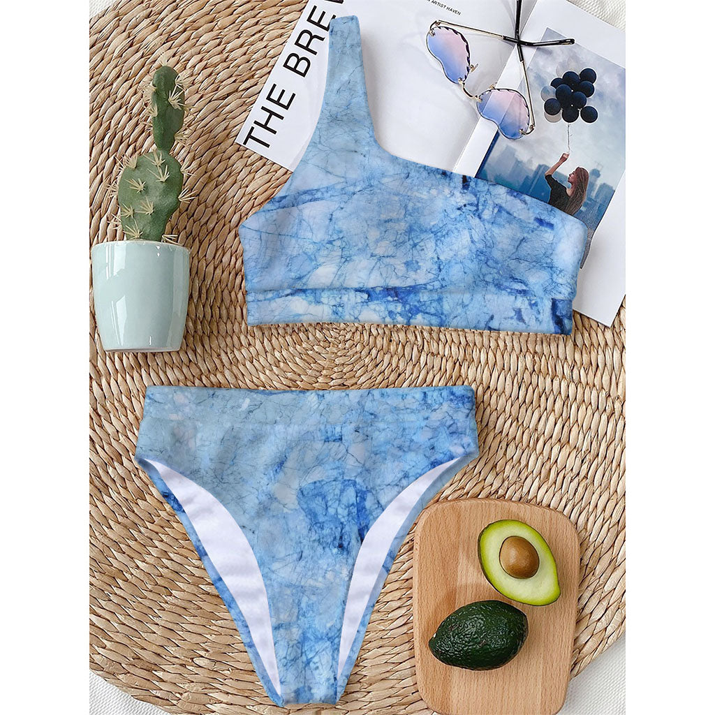 Ice Blue Marble Print One Shoulder Bikini Top