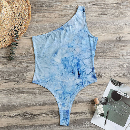 Ice Blue Marble Print One Shoulder Bodysuit