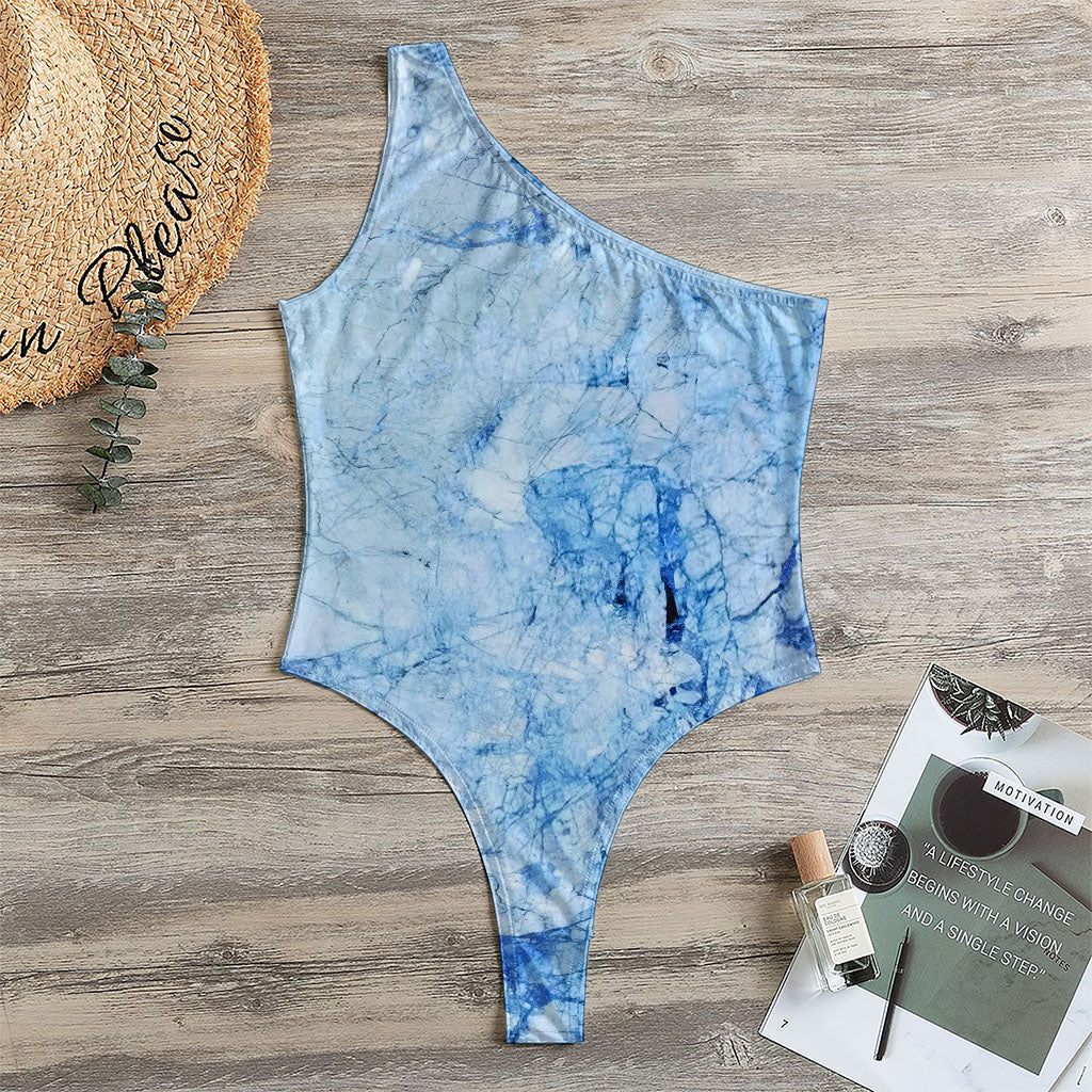 Ice Blue Marble Print One Shoulder Bodysuit