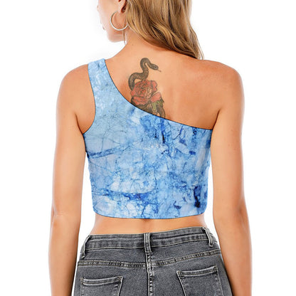 Ice Blue Marble Print One Shoulder Crop Top