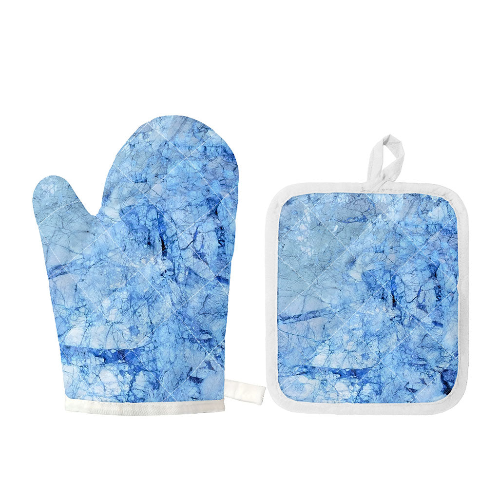 Ice Blue Marble Print Oven Mitt And Pot Holder Set