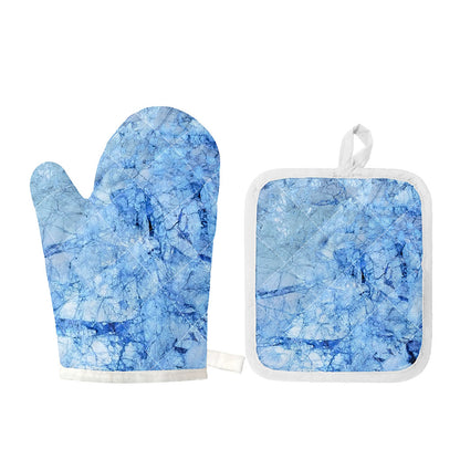 Ice Blue Marble Print Oven Mitt And Pot Holder Set