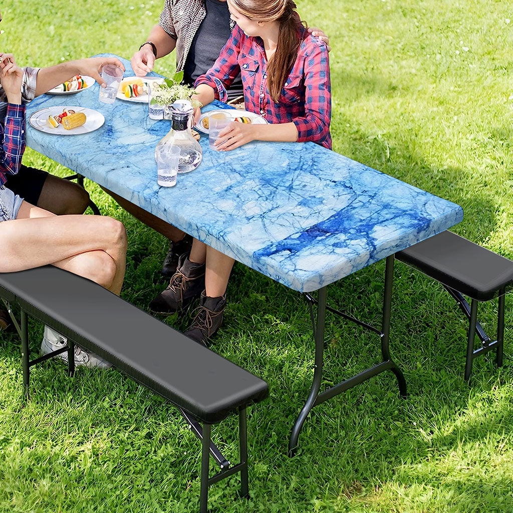Ice Blue Marble Print Picnic Table Cover