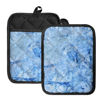 Ice Blue Marble Print Pot Holders With Pocket
