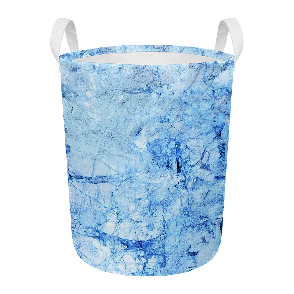Ice Blue Marble Print Round Laundry Basket