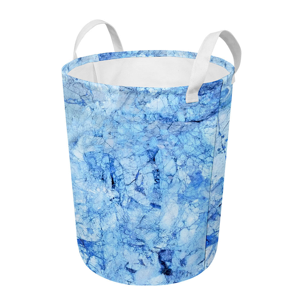 Ice Blue Marble Print Round Laundry Basket