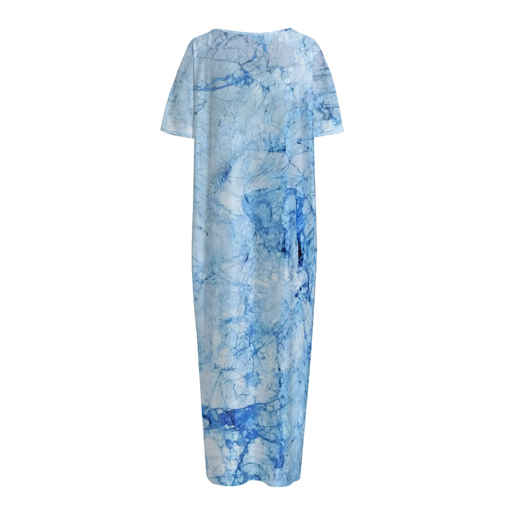 Ice Blue Marble Print Short Sleeve Long Nightdress