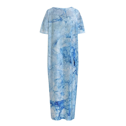 Ice Blue Marble Print Short Sleeve Long Nightdress