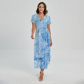 Ice Blue Marble Print Short Sleeve Maxi Dress