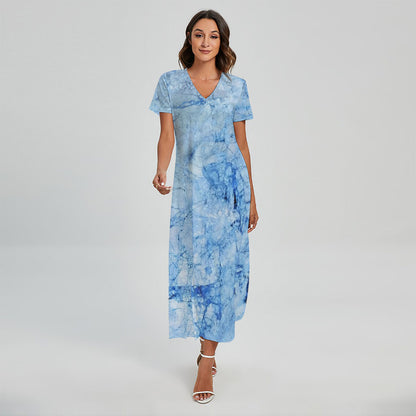 Ice Blue Marble Print Short Sleeve Maxi Dress