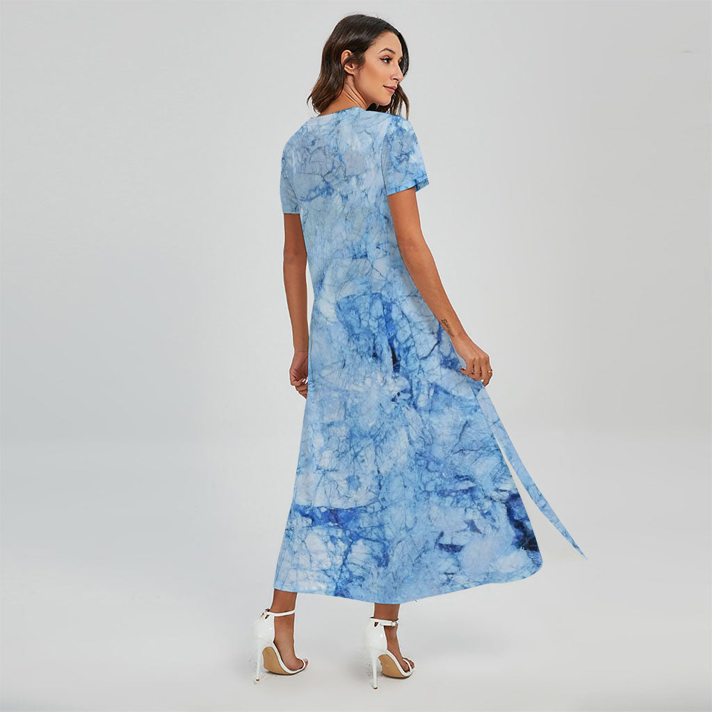 Ice Blue Marble Print Short Sleeve Maxi Dress