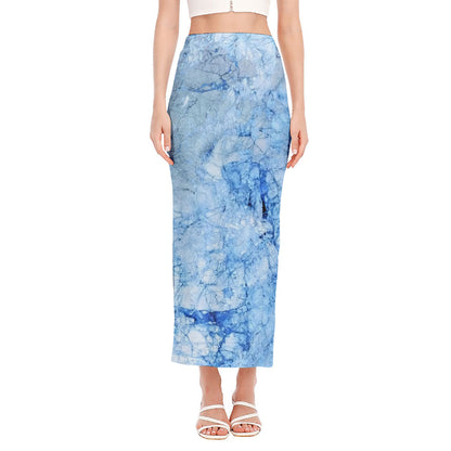 Ice Blue Marble Print Side Slit Maxi Skirt