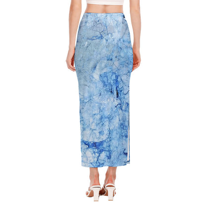 Ice Blue Marble Print Side Slit Maxi Skirt