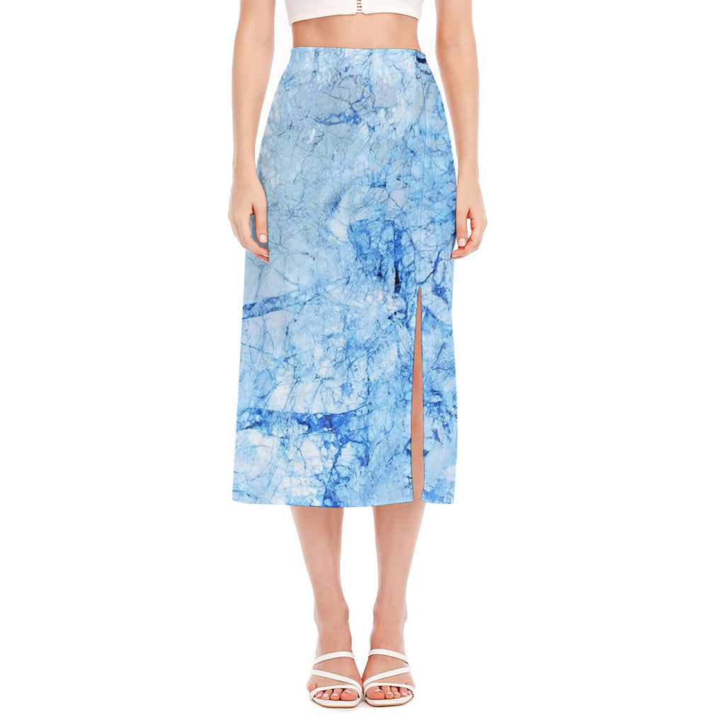 Ice Blue Marble Print Side Slit Midi Skirt