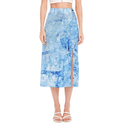 Ice Blue Marble Print Side Slit Midi Skirt