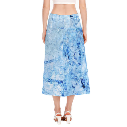 Ice Blue Marble Print Side Slit Midi Skirt