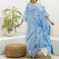 Ice Blue Marble Print Silk V-Neck Kaftan Dress