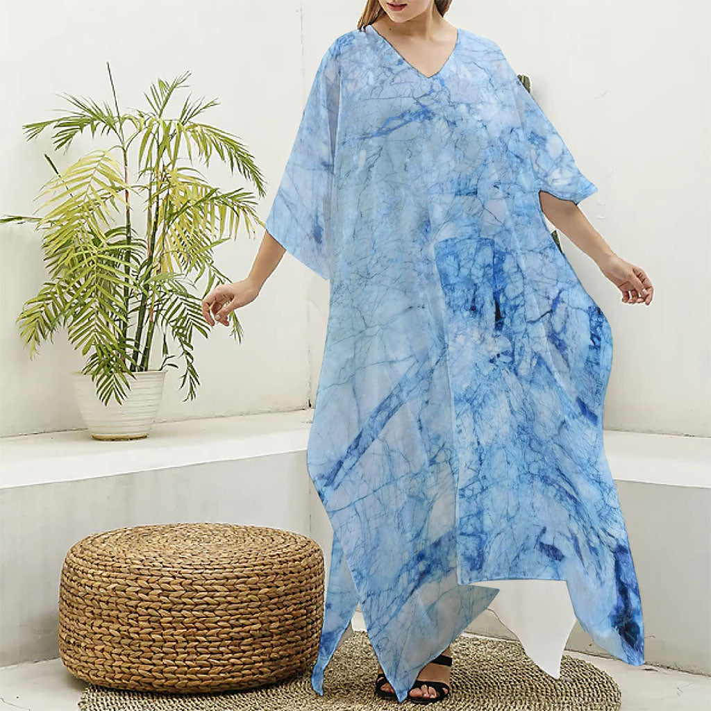 Ice Blue Marble Print Silk V-Neck Kaftan Dress