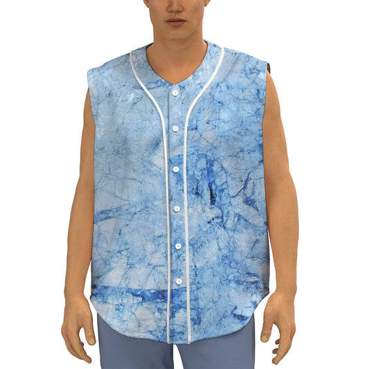 Ice Blue Marble Print Sleeveless Baseball Jersey