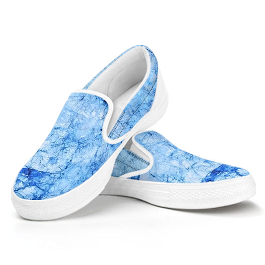Ice Blue Marble Print White Slip On Sneakers
