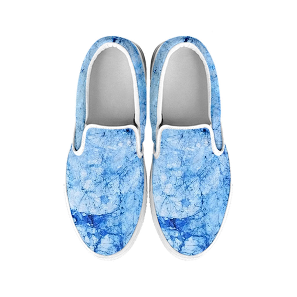 Ice Blue Marble Print White Slip On Sneakers