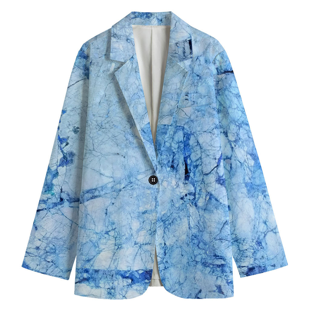 Ice Blue Marble Print Women's Cotton Blazer